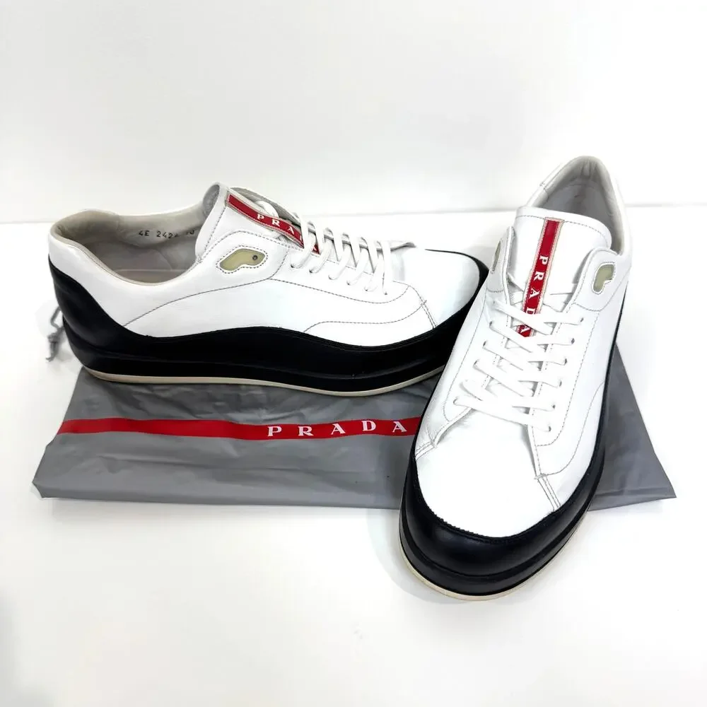PRADA America's Cup White Black Leather Low Top Sneakers 10 Two Tone Sport Shoes